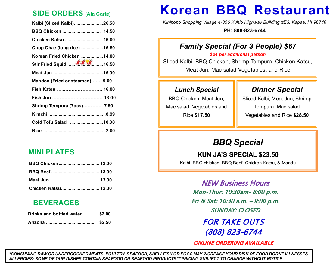 Korean BBQ Kauai Menu